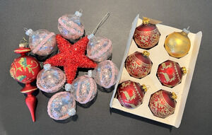 Vintage Lot 15 Pyramid Stenciled Glass Christmas Pink Red Gold Various Ornaments